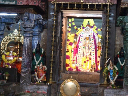 Statues in the Moolasthaanam (main shrine of the temple) are decorated.