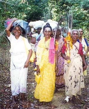 Senior women pilgrims today dominate the Pāda Yātrā. Bebi Amma at right.